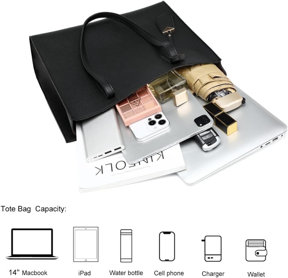 MORGLOVE Women's Tote Bag Large Handbag Soft Leather Simple Shoulder Bag with Zipper for School Work Leisure (A-Black) - Image 5