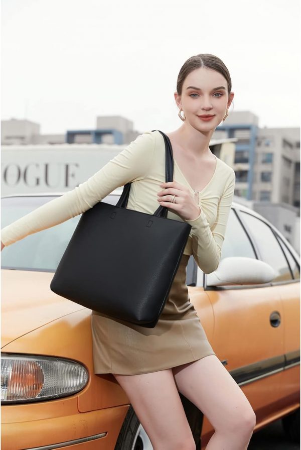 MEEGIRL Ladies Tote Bags Simple PU Leather Handbags Work School Shopping Bags for Women with Zip and Inner Pocket (Black) - Image 4