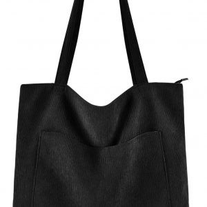 Prite Corduroy Tote Bag for Women Large Shoulder Bag with Zipper and Pockets for College School Work Travel Shopping-Black