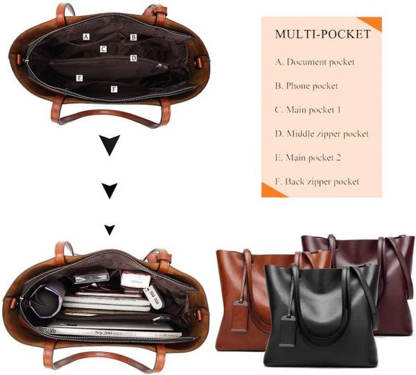 Womens Soft Leather Handbags Large Capacity Retro Vintage Top-Handle Casual Tote Shoulder Bags - Image 3