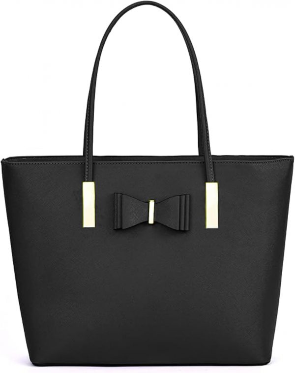 kukubird Women's Top-Handle Black Large Tote Bag Handbag Simple Shoulder Bag with Zipper for School Work Leisure