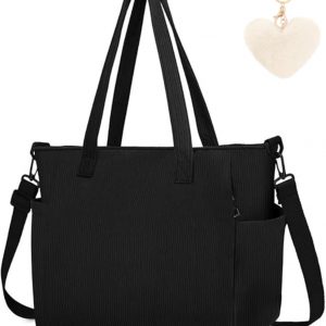 Aucuu Corduroy Tote Bag, Women Corduroy Bag, Large Capacity Shoulder Bag, with Plush Charm and Detachable Shoulder Strap, Waterproof Hobos Handbags for Work School Shopping Travel
