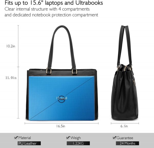 LOVEVOOK Laptop Bags for Women Tote Bag 15.6 Inch, Ladies Handbags PU Leather Work Bag for Office Business Shopping, Large Womens Hand Bag with Laptop Compartments, Black - Image 5
