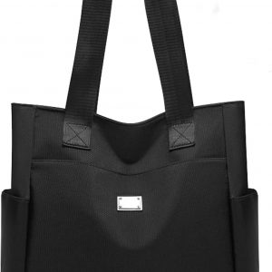 TEICHI Tote Bags for Women, Waterproof Nylon Black Handbag with Zip Casual Handbag Lightweight Shoulder Bag Large Capacity Ladies Bags Multi-Pocket for School, Travel, Shopping, Work, Daily Use