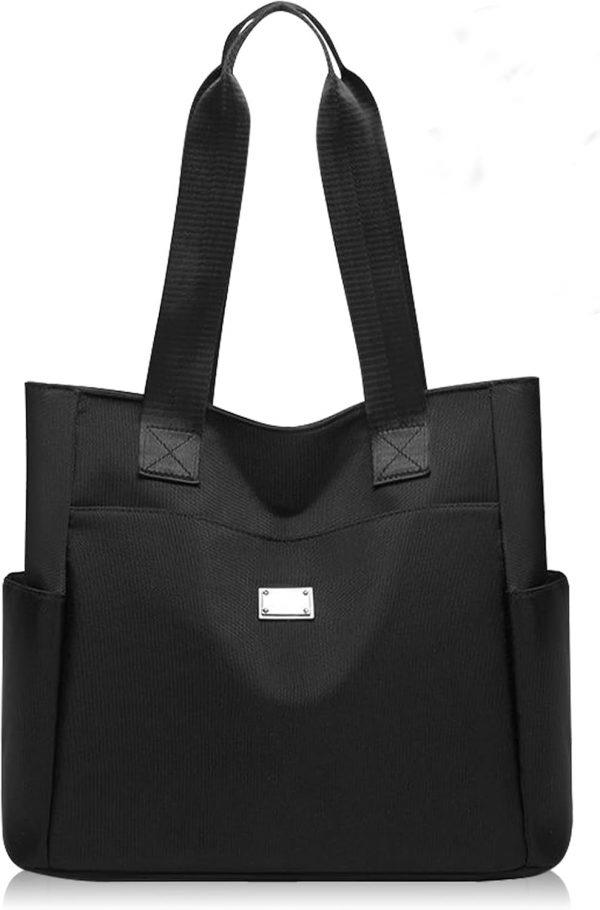 TEICHI Tote Bags for Women, Waterproof Nylon Black Handbag with Zip Casual Handbag Lightweight Shoulder Bag Large Capacity Ladies Bags Multi-Pocket for School, Travel, Shopping, Work, Daily Use