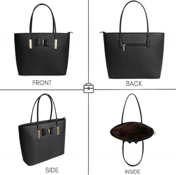 kukubird Women's Top-Handle Black Large Tote Bag Handbag Simple Shoulder Bag with Zipper for School Work Leisure - Image 2