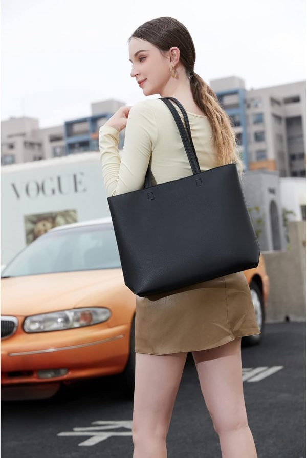 MEEGIRL Ladies Tote Bags Simple PU Leather Handbags Work School Shopping Bags for Women with Zip and Inner Pocket (Black) - Image 6