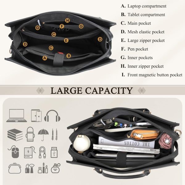 RAINSMORE Laptop Bags for Women 15.6 Inch Ladies Tote Bag Leather Designer Laptop Handbag Large Work Bag with Envelope Clutch Bag for Office School Black - Image 4