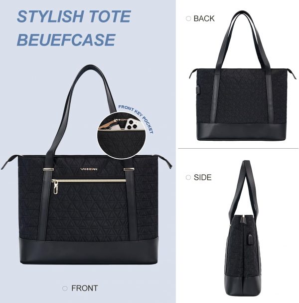 VANKEAN Laptop Tote Bag for Women, 16 Inch Waterproof Computer Shoulder Bag with USB Port, Large Office Tote Bag for Work, Lightweight Handbag for Business/Travel/, Quilted Black - Image 5