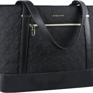 VANKEAN Laptop Tote Bag for Women, 16 Inch Waterproof Computer Shoulder Bag with USB Port, Large Office Tote Bag for Work, Lightweight Handbag for Business/Travel/, Quilted Black