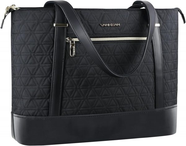 VANKEAN Laptop Tote Bag for Women, 16 Inch Waterproof Computer Shoulder Bag with USB Port, Large Office Tote Bag for Work, Lightweight Handbag for Business/Travel/, Quilted Black