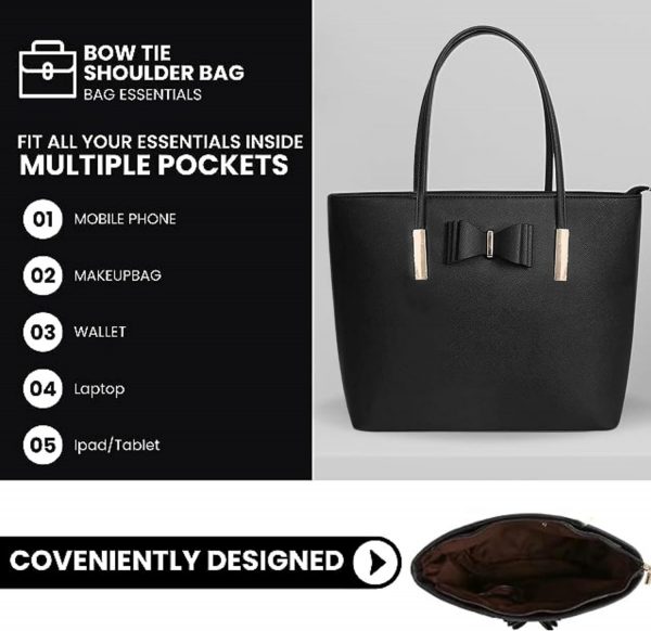 kukubird Women's Top-Handle Black Large Tote Bag Handbag Simple Shoulder Bag with Zipper for School Work Leisure - Image 3