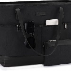 Kasgo Laptop Bag for Women, Water Resistant 15.6 inch Women Shoulder Tote Bag Large Ladies Handbag Purse Teacher Work Bag with Luggage Sleeve for Office Travel Shopping, Black
