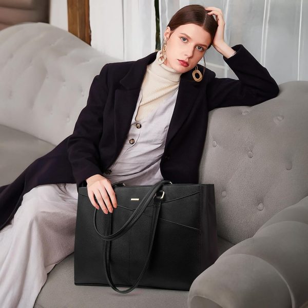 LOVEVOOK Laptop Bags for Women Tote Bag 15.6 Inch, Ladies Handbags PU Leather Work Bag for Office Business Shopping, Large Womens Hand Bag with Laptop Compartments, Black - Image 3