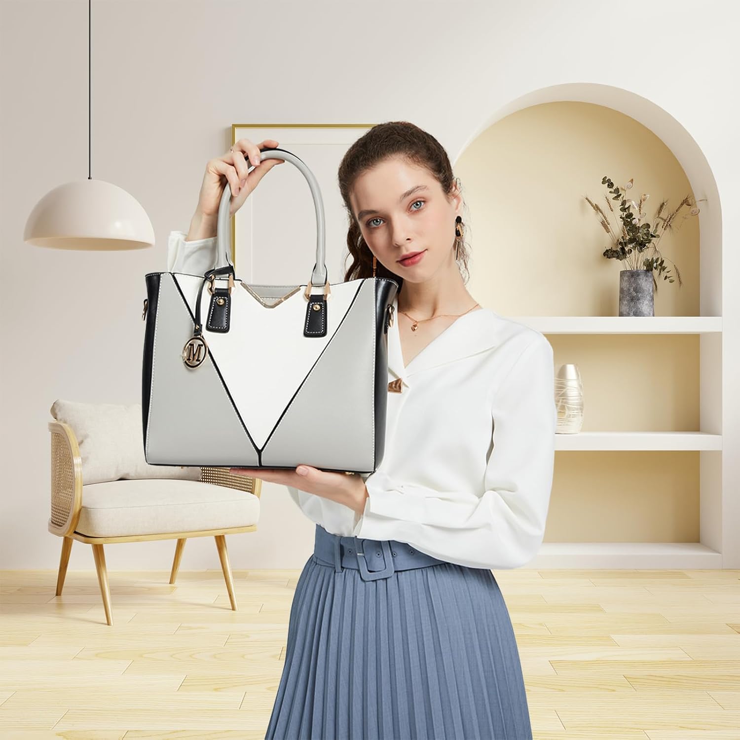 Miss Lulu Handbags for Women Look V-Shape Shoulder Handbag Lightweight Medium Tote Bag PU Leather - Image 2