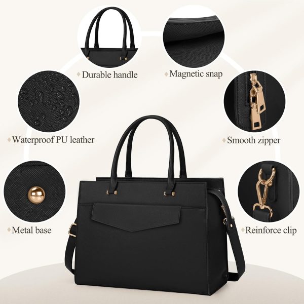 RAINSMORE Laptop Bags for Women 15.6 Inch Ladies Tote Bag Leather Designer Laptop Handbag Large Work Bag with Envelope Clutch Bag for Office School Black - Image 3