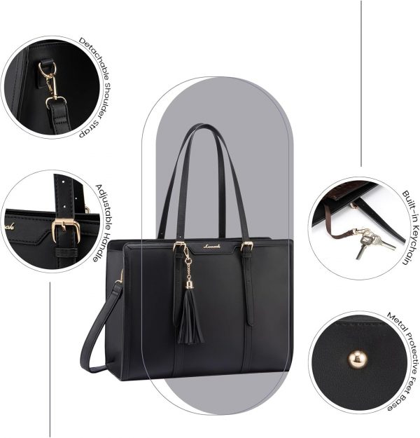 LOVEVOOK Laptop Bags for Women 15.6 inch Ladies Handbags Large Tote Bag with Compartments Leather College Teacher Work Bag Waterproof Shoulder Cross Body Bag for Office Business School Shopping Black - Image 5