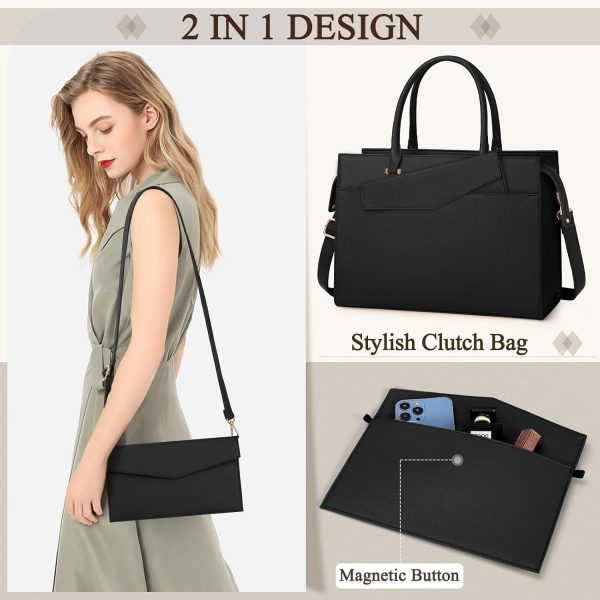 RAINSMORE Laptop Bags for Women 15.6 Inch Ladies Tote Bag Leather Designer Laptop Handbag Large Work Bag with Envelope Clutch Bag for Office School Black - Image 2
