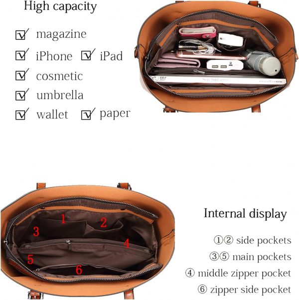 Womens Handbags Soft Leather Large Capacity Retro Vintage Top-Handle Casual Pocket Tote Shoulder Cross-Body Bags Brown - Image 2