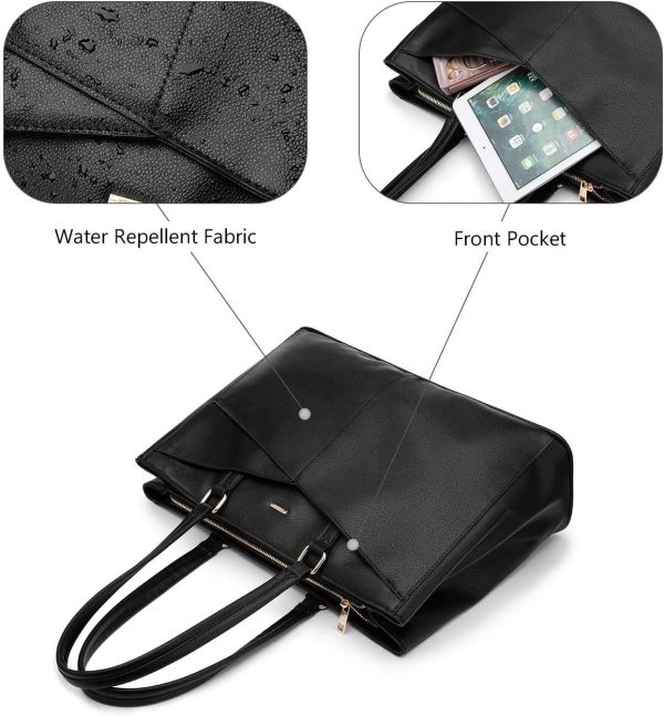 LOVEVOOK Laptop Bags for Women Tote Bag 15.6 Inch, Ladies Handbags PU Leather Work Bag for Office Business Shopping, Large Womens Hand Bag with Laptop Compartments, Black - Image 2