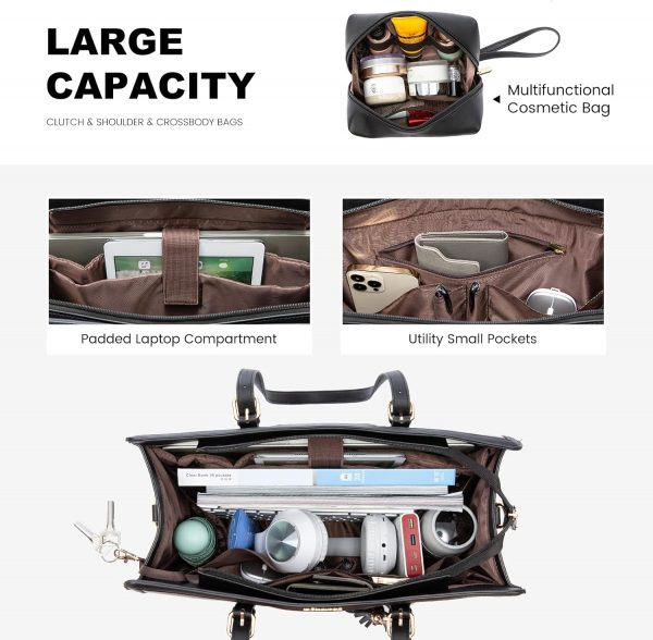 LOVEVOOK Laptop Bags for Women 15.6 inch Ladies Handbags Large Tote Bag with Compartments Leather College Teacher Work Bag Waterproof Shoulder Cross Body Bag for Office Business School Shopping Black - Image 3