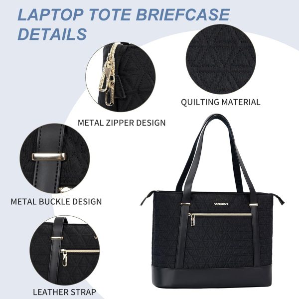 VANKEAN Laptop Tote Bag for Women, 16 Inch Waterproof Computer Shoulder Bag with USB Port, Large Office Tote Bag for Work, Lightweight Handbag for Business/Travel/, Quilted Black - Image 4