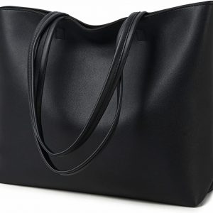 MEEGIRL Ladies Tote Bags Simple PU Leather Handbags Work School Shopping Bags for Women with Zip and Inner Pocket (Black)
