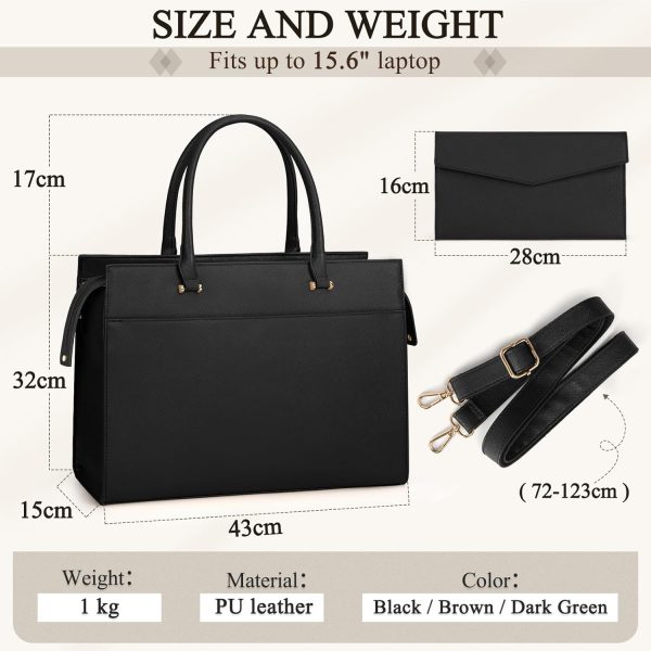 RAINSMORE Laptop Bags for Women 15.6 Inch Ladies Tote Bag Leather Designer Laptop Handbag Large Work Bag with Envelope Clutch Bag for Office School Black - Image 5