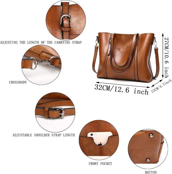 Womens Handbags Soft Leather Large Capacity Retro Vintage Top-Handle Casual Pocket Tote Shoulder Cross-Body Bags Brown - Image 5