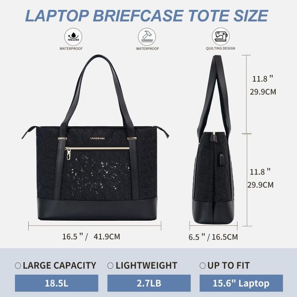 VANKEAN Laptop Tote Bag for Women, 16 Inch Waterproof Computer Shoulder Bag with USB Port, Large Office Tote Bag for Work, Lightweight Handbag for Business/Travel/, Quilted Black - Image 3