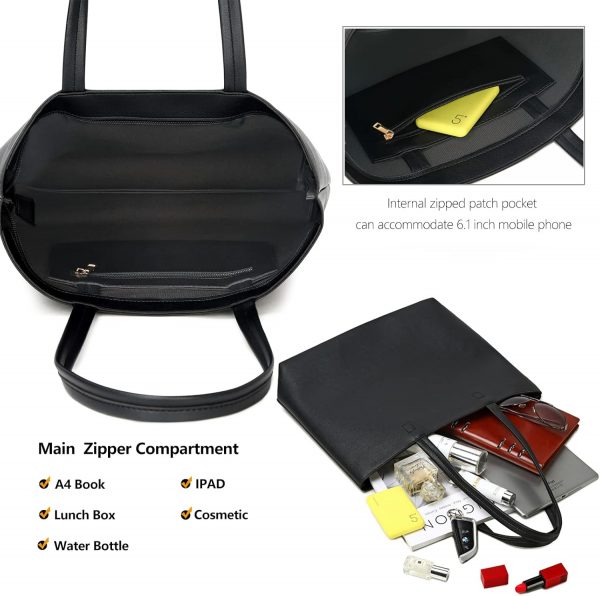 MEEGIRL Ladies Tote Bags Simple PU Leather Handbags Work School Shopping Bags for Women with Zip and Inner Pocket (Black) - Image 3