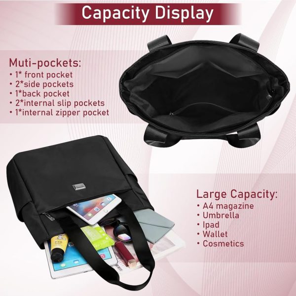 TEICHI Tote Bags for Women, Waterproof Nylon Black Handbag with Zip Casual Handbag Lightweight Shoulder Bag Large Capacity Ladies Bags Multi-Pocket for School, Travel, Shopping, Work, Daily Use - Image 5
