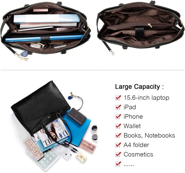 LOVEVOOK Laptop Bags for Women Tote Bag 15.6 Inch, Ladies Handbags PU Leather Work Bag for Office Business Shopping, Large Womens Hand Bag with Laptop Compartments, Black - Image 4