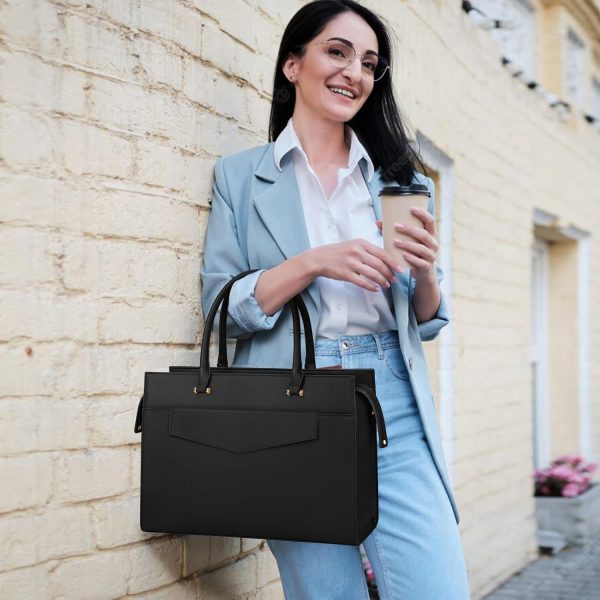 RAINSMORE Laptop Bags for Women 15.6 Inch Ladies Tote Bag Leather Designer Laptop Handbag Large Work Bag with Envelope Clutch Bag for Office School Black - Image 7