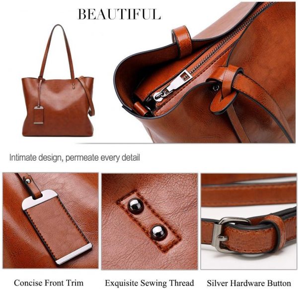 Womens Soft Leather Handbags Large Capacity Retro Vintage Top-Handle Casual Tote Shoulder Bags - Image 4