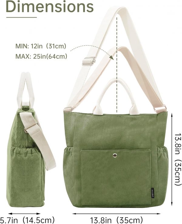 Prite Corduroy Tote Bag for Women with Zipper, Large Capacity Shoulder Bags with Adjustable Strap and Pockets Waterproof Handbag for Work School Shopping Travel College - Image 4