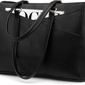 LOVEVOOK Laptop Bags for Women Tote Bag 15.6 Inch, Ladies Handbags PU Leather Work Bag for Office Business Shopping, Large Womens Hand Bag with Laptop Compartments, Black