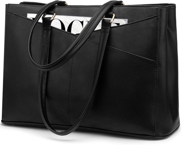 LOVEVOOK Laptop Bags for Women Tote Bag 15.6 Inch, Ladies Handbags PU Leather Work Bag for Office Business Shopping, Large Womens Hand Bag with Laptop Compartments, Black