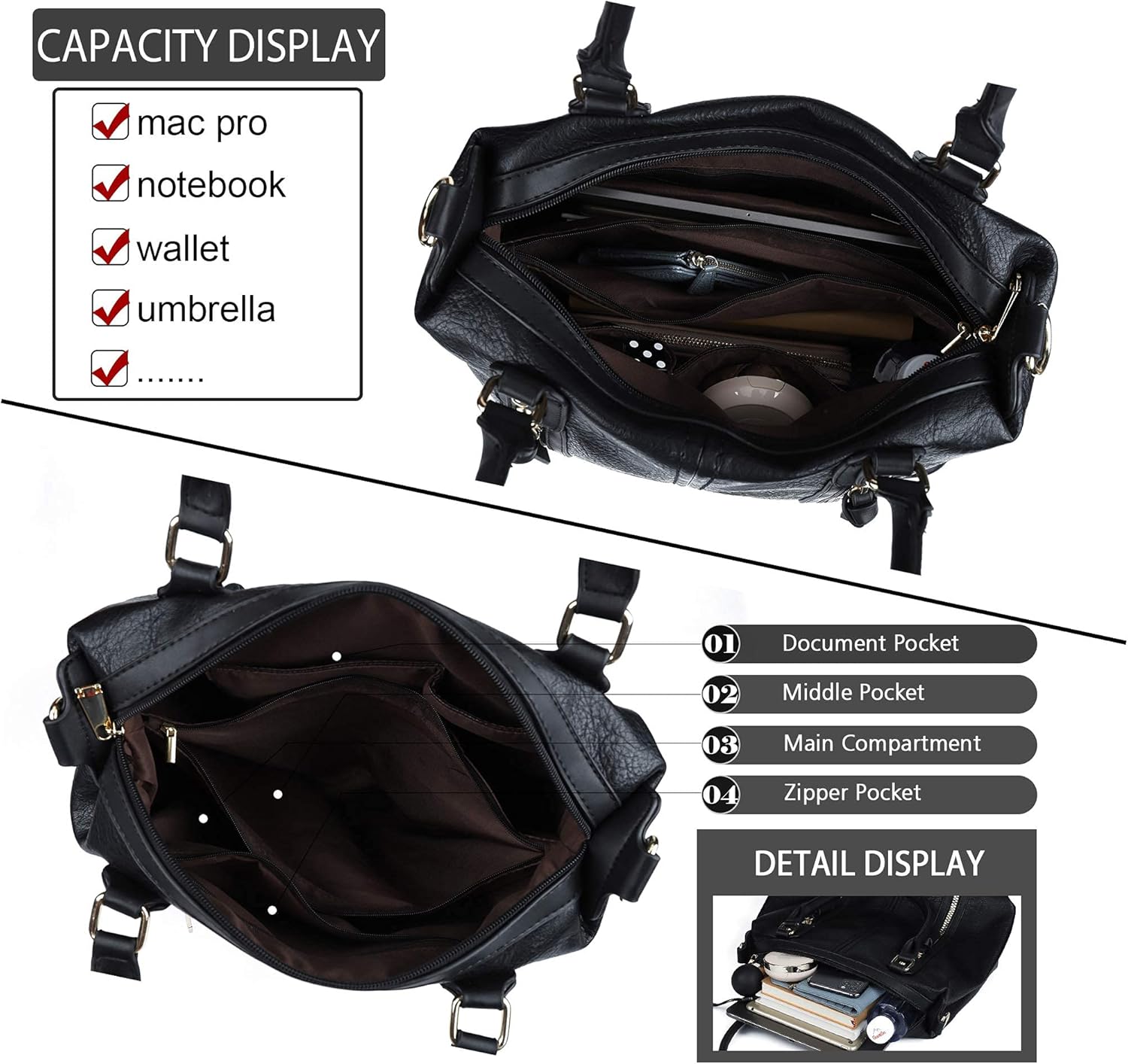 Gladdon Hobo Bags for Women Large Capacity Top Handle Bags with Multi Pocket Tote Shoulder Handbags Faux Leather Crossbody Bag for Work School Travel - Image 3