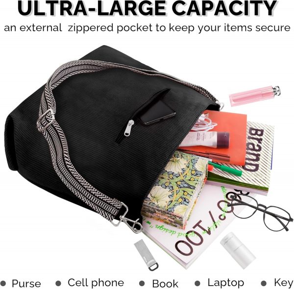 Prite Corduroy Tote Bag for Women with Zipper, Large Capacity Shoulder Bags with Adjustable Strap and Pockets Waterproof Handbag for Work School Shopping Travel College - Image 3