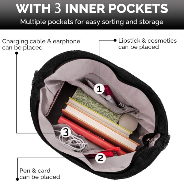 Prite Corduroy Tote Bag for Women with Zipper, Large Capacity Shoulder Bags with Adjustable Strap and Pockets Waterproof Handbag for Work School Shopping Travel College - Image 2