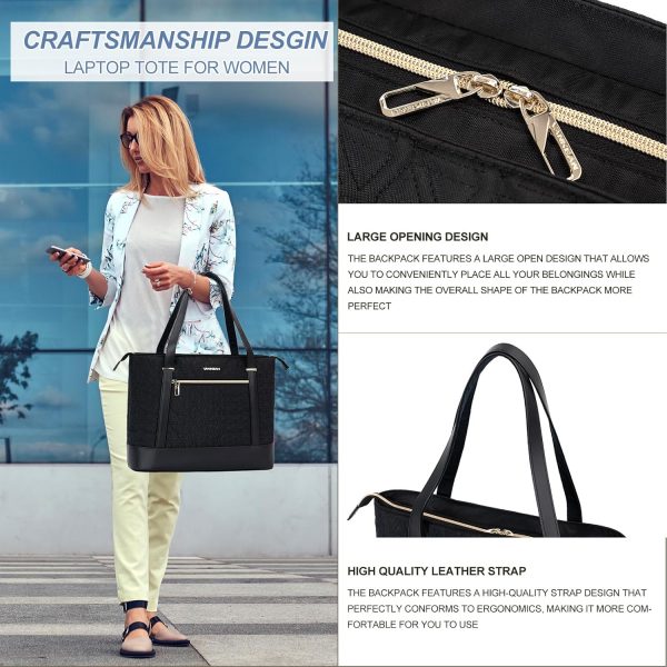 VANKEAN Laptop Tote Bag for Women, 16 Inch Waterproof Computer Shoulder Bag with USB Port, Large Office Tote Bag for Work, Lightweight Handbag for Business/Travel/, Quilted Black - Image 6