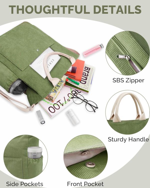 Prite Corduroy Tote Bag for Women with Zipper, Large Capacity Shoulder Bags with Adjustable Strap and Pockets Waterproof Handbag for Work School Shopping Travel College - Image 6