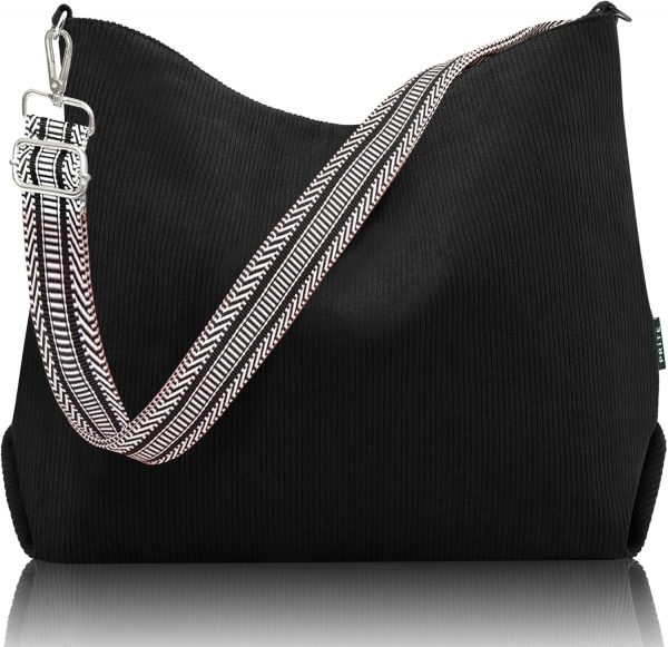 Prite Corduroy Tote Bag for Women with Zipper, Large Capacity Shoulder Bags with Adjustable Strap and Pockets Waterproof Handbag for Work School Shopping Travel College
