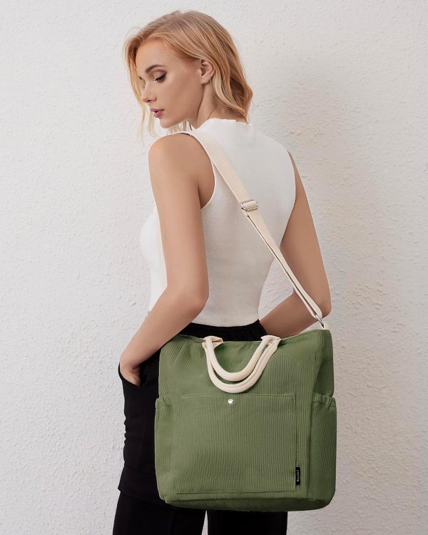 Prite Corduroy Tote Bag for Women with Zipper, Large Capacity Shoulder Bags with Adjustable Strap and Pockets Waterproof Handbag for Work School Shopping Travel College - Image 3