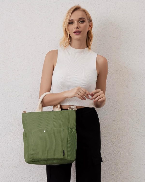 Prite Corduroy Tote Bag for Women with Zipper, Large Capacity Shoulder Bags with Adjustable Strap and Pockets Waterproof Handbag for Work School Shopping Travel College - Image 7