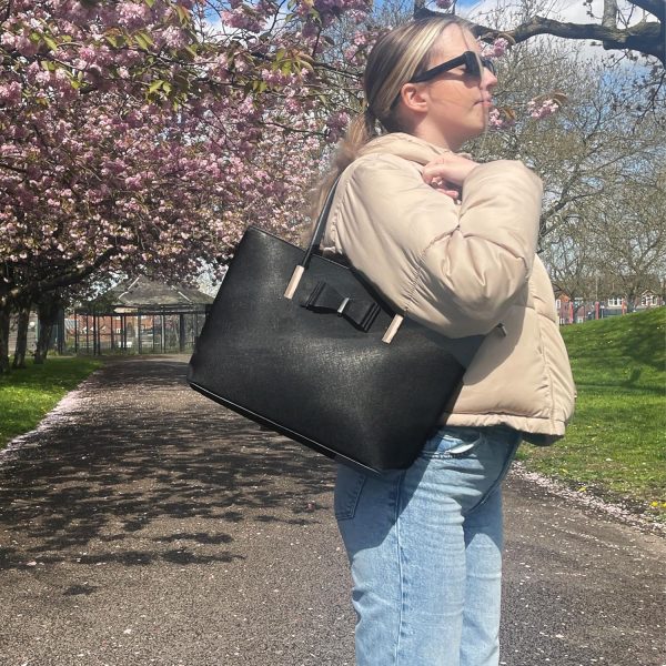 kukubird Women's Top-Handle Black Large Tote Bag Handbag Simple Shoulder Bag with Zipper for School Work Leisure - Image 5