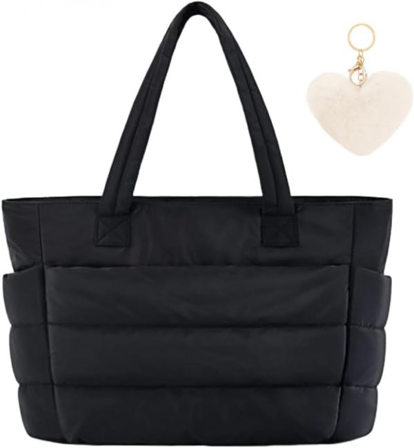 Aucuu Tote Bag for Women, Shoulder Bag, Lightweight Large Tote Bag, Puffer Handbag with Laptop Compartment, Large Capacity Shoulder Handbag with Plush Heart-shaped Pendant for Travel,School,Work