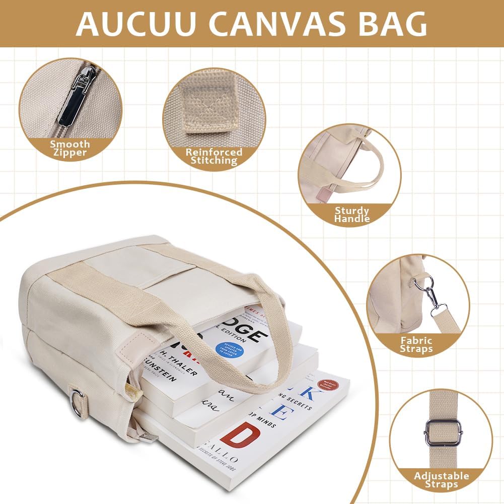 Aucuu Multi-Pocket Tote Bag, Canvas Tote Bags for Women, Crossbody Bags with Adjustable Strap, Large Capacity Shoulder Bag with Zipper, Ladies Handbags for School Shopping Work Travel - Image 7