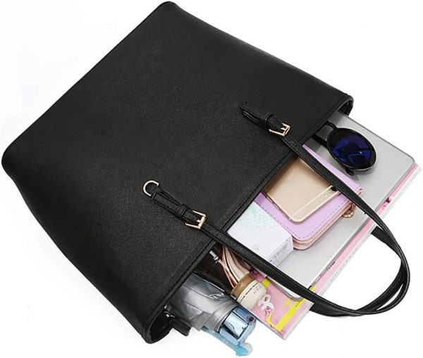 Women Tote Bag Black Handbag: Ladies Handbags Shoulder Bags Large Faux Leather Designer Top-Handle Purse with Zip Fashion Big Hand Compartments Shopper for School Work Casual, One Size - Image 5